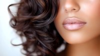 Sensual close up of mixed race woman with glossy pink lips, flawless skin, and dark curly hair against light background. Perfect for beauty and cosmetic advertising.