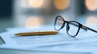 Business contract with elegant gold pen and reading glasses on blue tinted document with soft bokeh background, representing legal agreement and signing.