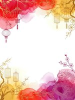 Traditional lunar new year frame with lanterns, dragon and cherry blossoms on watercolor background for festive greeting cards and celebration designs.