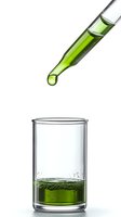Green liquid drop falling from glass pipette into laboratory test tube with chemical solution on white background, scientific research concept.