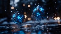 Glowing blue ice cubes floating with magical light effects against dark background with bokeh lights and water splashes, creating mystical atmosphere.