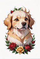 Adorable golden retriever puppy portrait surrounded by red and yellow roses with green leaves on white background, isolated artwork for decorative use.