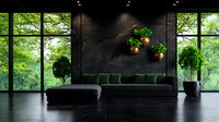 Modern luxury living room with dark marble wall, emerald green velvet sofa, floor-to-ceiling windows overlooking lush forest, hanging plants create dramatic natural atmosphere.