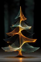 Abstract Christmas tree made of glowing golden and teal light waves with sparkling particles on dark background for holiday designs.