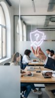 Businessman holding glowing question mark shield icon in modern office meeting room with diverse colleagues working at wooden table, representing business solutions and problem-solving strategies.