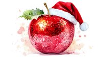 Fresh red apple wearing Santa Claus hat with green leaf, watercolor style artwork on white background with soft pink splashes. Festive holiday food illustration.