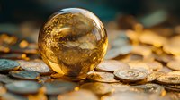 Crystal ball resting on scattered gold and silver coins in warm sunlight, symbolizing financial forecasting and wealth prediction. Fortune telling meets investment concept.