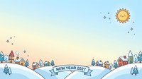 New Year 2027 winter village landscape with snow-covered houses, evergreen trees, and bright sun in clear sky. Festive holiday greeting card design.