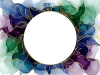 Watercolor floral frame with gold line art leaves in purple, blue and green tones. Elegant botanical border for wedding invitations and luxury designs.