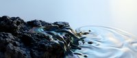 Seaweed and algae flowing in crystal clear water creating natural organic patterns against dark volcanic rock surface with gentle ripples and reflections.