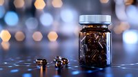 Glass jar filled with dark brown capsules and pills scattered on surface with bokeh lights background.