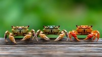 Three colorful small crabs lined up on wooden surface with green blurred natural background. Marine crustaceans displaying orange and brown shells outdoors.