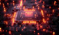 Glowing orange microprocessor on circuit board with futuristic lighting effects, depth of field creates dramatic tech atmosphere for computing and AI concepts.