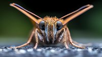 Extreme close up macro photography of moth head with large compound eyes and antennae on blurred dark background. Detailed insect portrait showing texture and features.