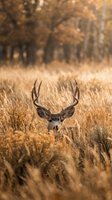 Majestic whitetail deer buck with large antlers resting in golden autumn grassland with warm sunlight filtering through blurred forest background.