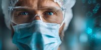 Healthcare professional wearing protective mask and goggles in laboratory environment with digital technology background, representing medical research and innovation.