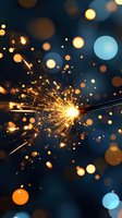 Glowing sparkler emitting bright golden sparks against dark blue background with festive bokeh lights creating magical holiday atmosphere.