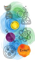 Watercolor science concept with DNA helix, atomic structure, chemical flask and Einstein formula on colorful abstract background for educational materials.