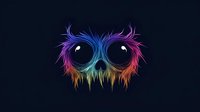 Mysterious glowing owl face with rainbow gradient feathers and large eyes on dark background, artistic digital illustration for modern design projects.