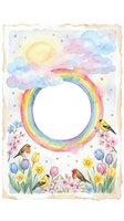 Watercolor spring frame with rainbow circle, colorful birds, blooming flowers, pastel clouds and golden sun on white background for greeting cards.