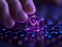 Glowing pink cube with connected nodes held between fingers against dark background with blue bokeh lights, representing digital network technology.