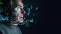 Senior businessman analyzing holographic financial data charts and graphs in futuristic digital interface for business intelligence and market research.