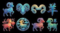 Zodiac goat ram sheep symbols with ornamental blue, gold, and colorful decorative patterns. Isolated on transparent background, ready for t-shirt design, clipart, stickers, sublimation, and print-on-demand products.