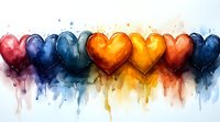 Watercolor hearts in rainbow colors with dripping paint effect on white background, artistic love symbol pattern showing emotion and connection through vibrant hues.