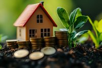 Small model house with stacked coins and growing plant on soil, representing real estate investment, financial growth, mortgage, and sustainable living concept.
