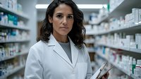 Hispanic female pharmacist in white coat holding digital tablet stands confidently between medicine shelves in modern drugstore, professional healthcare setting.