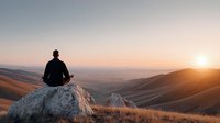Man meditating on mountain rock during golden hour sunrise with peaceful valley landscape below for wellness and mindfulness content.