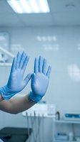 Healthcare professional putting on blue nitrile gloves in sterile medical environment preparing for patient examination or surgical procedure.