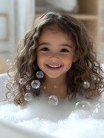 Joyful young girl with curly brown hair playing in bubble bath, surrounded by floating soap bubbles, showing genuine happiness and innocence in natural light.