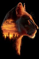 Majestic lion profile silhouette with double exposure effect showing dramatic sunset and forest landscape, illuminated in warm orange glow against dark background.