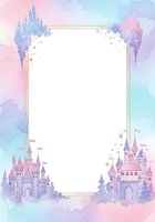 Watercolor fairy tale castle border frame in pastel pink, purple and blue with gold rectangle, stars, for invitations and cards.