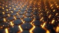 Glowing hexagonal pattern with golden light emanating between dark geometric shapes, creating a futuristic technological surface with depth and dimension.