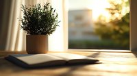 Open book on wooden table near window with potted rosemary plant in morning sunlight creating cozy atmosphere for reading and relaxation at home.