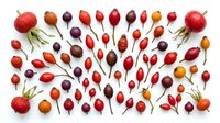 Assorted rose hips and berries arranged in flat lay composition, featuring red, burgundy, orange and dark purple varieties with stems on white background for design projects.