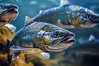 Close-up of Atlantic salmon swimming in blue water, showing detailed scales and distinctive features. Underwater nature photography captures multiple fish in motion.