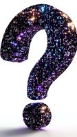 Question mark symbol filled with glowing binary code and digital numbers on dark background, featuring purple and blue illuminated patterns.