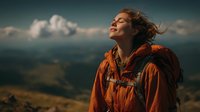 Young woman hiker enjoying mountain summit view with backpack against dramatic sky. Adventure travel and outdoor recreation lifestyle concept.
