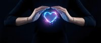Hands protecting glowing blue heart with electric energy effects on dark background symbolizing love care protection and emotional wellness concept.