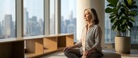 Middle-aged woman with blonde hair, Caucasian ethnicity, sitting in meditation pose on floor near window with cityscape view, modern office setting with plant and wooden furniture.