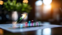Glowing financial chart with upward trend arrow on blurred background, showing business growth and success analytics data visualization.