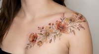 Young woman displaying elegant floral shoulder tattoo with autumn-colored roses and botanical elements on fair skin against neutral background.