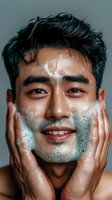Young Asian man with bright smile washing face with foam cleanser, touching cheeks with hands against gray background. Skincare and grooming concept.