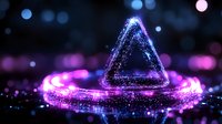 Glowing triangle shape with sparkling particles and purple light rings on dark background, creating magical atmospheric effect for abstract design projects.