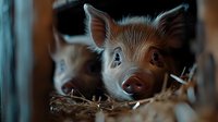 Young piglet with curious expression peering through straw in rustic barn setting, soft natural lighting highlights pink snout and ginger fur. Perfect for farm and agriculture themes.