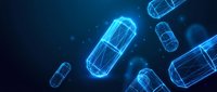 Glowing blue wireframe medicine capsules floating in dark space with digital light effects for pharmaceutical and healthcare technology concepts.