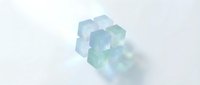 Translucent geometric glass cubes stacked in abstract formation with soft blue and green tones, isolated on white background for design projects.